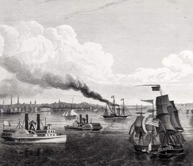 1848 New York Engraving ORIGINAL Harbor Manhattan Steamships Battery Sailboats
