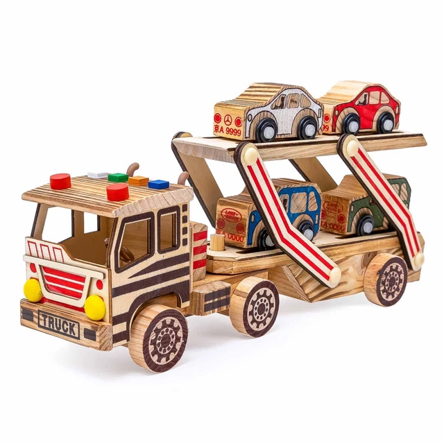WOODEN CAR CARRIER Truck and Cars Toy Set with 1 Truck and 4 Cars for
