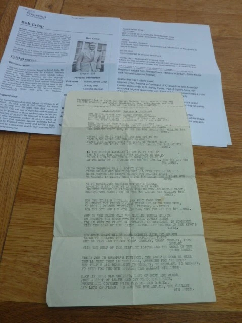 Ww2 1944 Original Song Sheet Major Bob Crisp Dso Mc Rtr International Cricketer