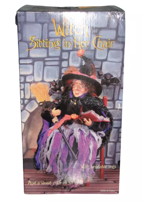 Large Witch Sitting in Chair Shelf Bats Pumpkins Black Cat Spell Book Decoration