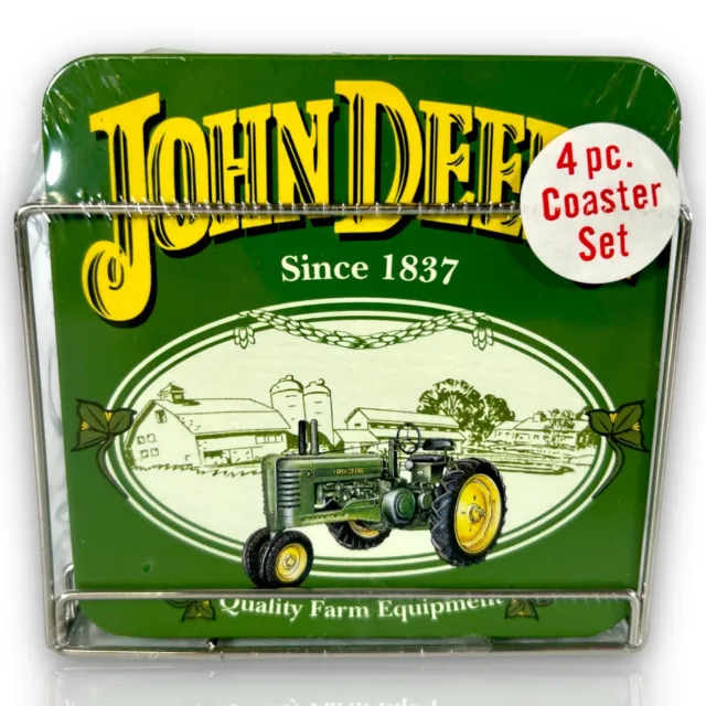 JOHN DEERE Four Piece Cork Coaster Set With Metal Holder 4x4 inch NEW in Package
