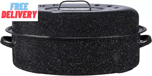 Oval Roaster 19 Inch with Lid (Speckled Black) - Enamelware Roasting Pan. Home o