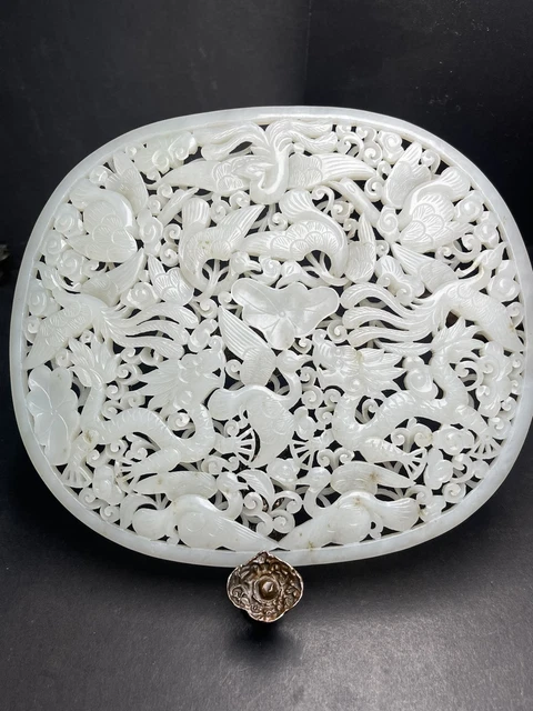 Chinese Exquisite Handmade dragon phoenix Carving Hetian Jade Statue Pendant