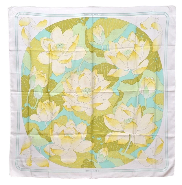 Authentic HERMES Carre 90 Scarf "FLEURS DE LOTUS" Silk White 4072H