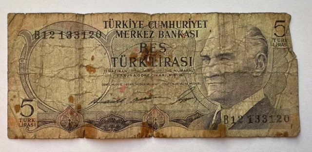 Turkish 5 Lira Note, 1960s / 1970s, President Mustafa Kemal Ataturk