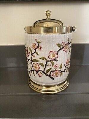 Vintage Porcelain And Brass Biscuit Barrel 7” H X 5”W. Oriental Cherry blossom