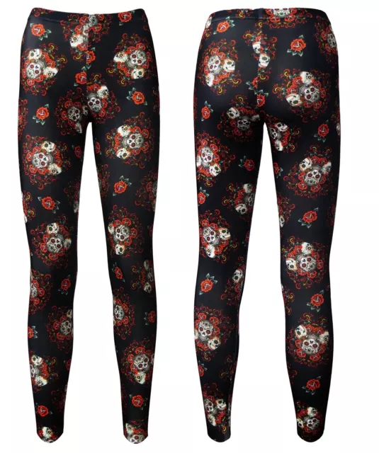 Ladies Gothic Floral Sugar Skulls Roses Skull Print Stretch Leggings  Alternative