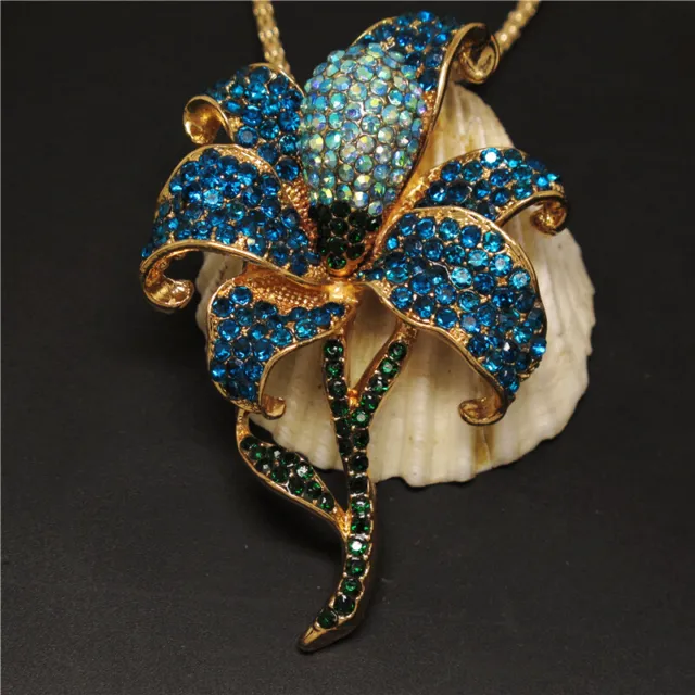 New Betsey Johnson  Blue Bling Flower Rhinestone Crystal Pendant Chain Necklace