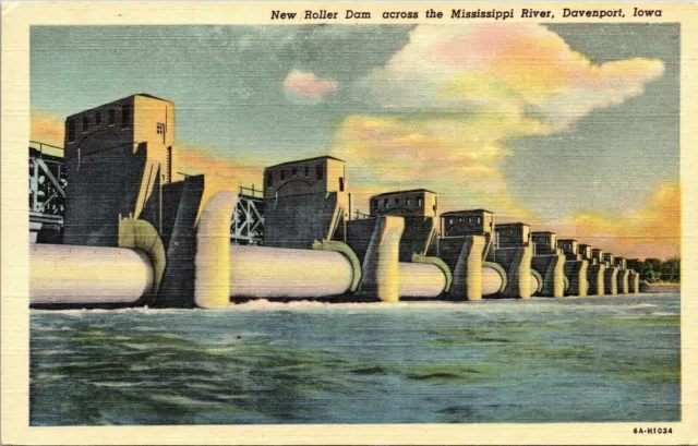 New Roller Dam Mississippi River Davenport Iowa IA Linen Postcard VTG UNP Unused