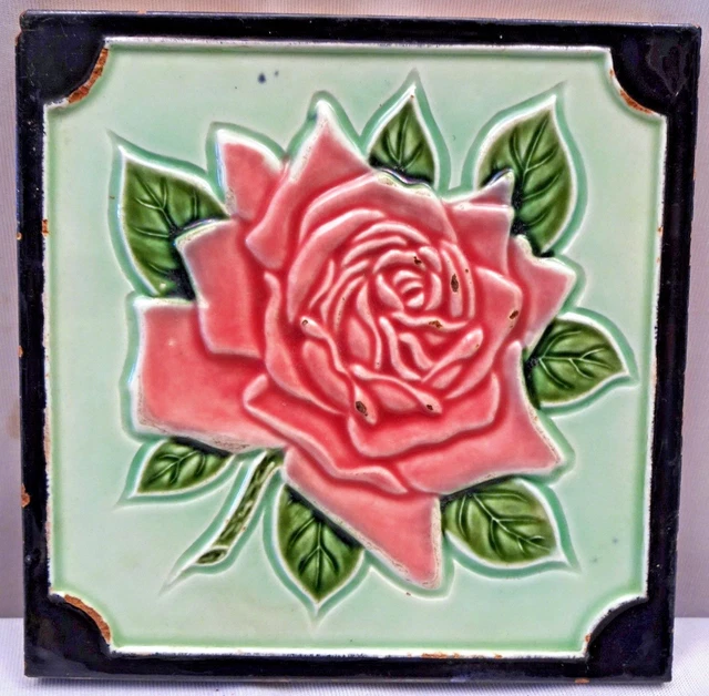 Vintage Tile Art Nouveau Majolica Red Rose Design Collectibles Ceramic Porcelai