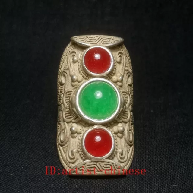 Collection Old China Tibet Silver Handmade Inlay Agate Jade Ring Ornament Gift