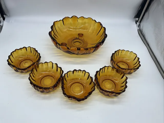 VTG Indians Glass Amber Sunflower Salad Bowl Set