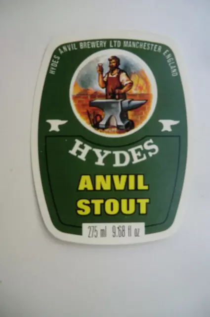 NEUWERTIG HYDES MANCHESTER AMBOSS STOUT 9,68 Flüssigunzen Fl Oz BRAUEREI BIERETIKETT