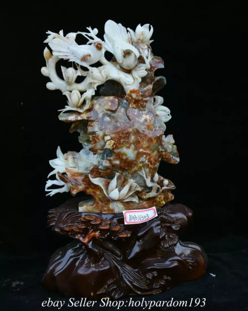 16" Chinese Natural Xiu Jade Carving Fengshui Flower Birds Statue Sculpture