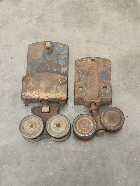 2 vintage cannonball style barn door double wheel roller & bracket tool lot