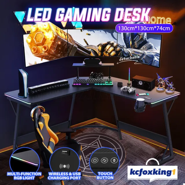 130CM LED L-Shape Gaming Desk Computer Table Cup Holder Headphone Hook Black