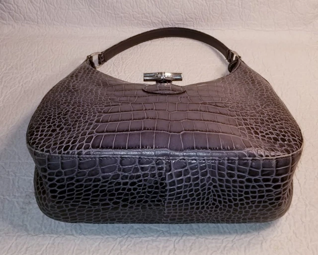 LONGCHAMP Gray Croc Embossed Leather Shoulder Bag Handbag Purse 6