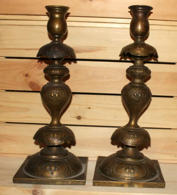 Antique pair hand made ornate floral bronze candlesticks