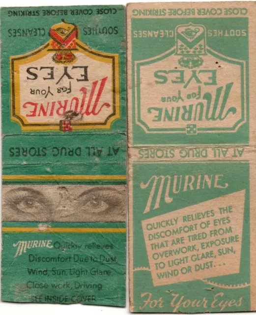 Lot (2) Vintage 1940's Matchbook Covers Murine For Your Eyes Drug Pharmacy