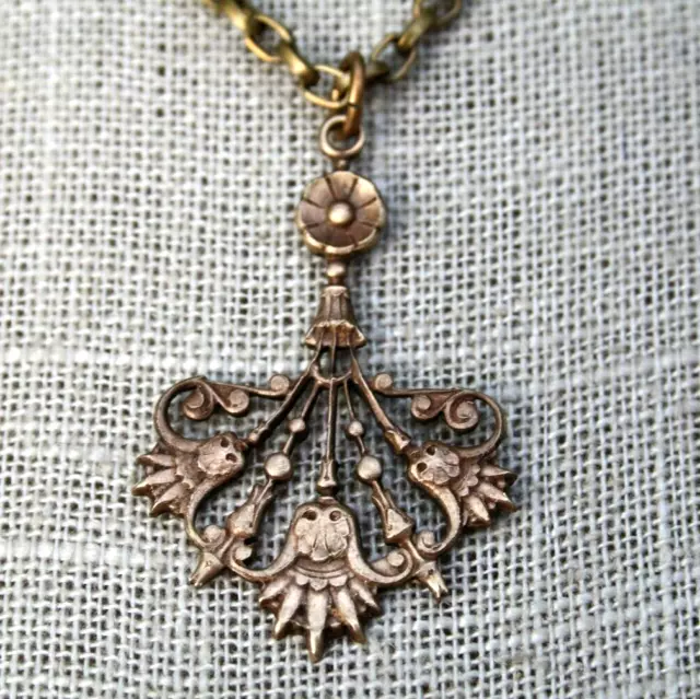 Vintage Necklace Art Nouveau Pendant Die Cast Floral Brass Ornate Jewelry
