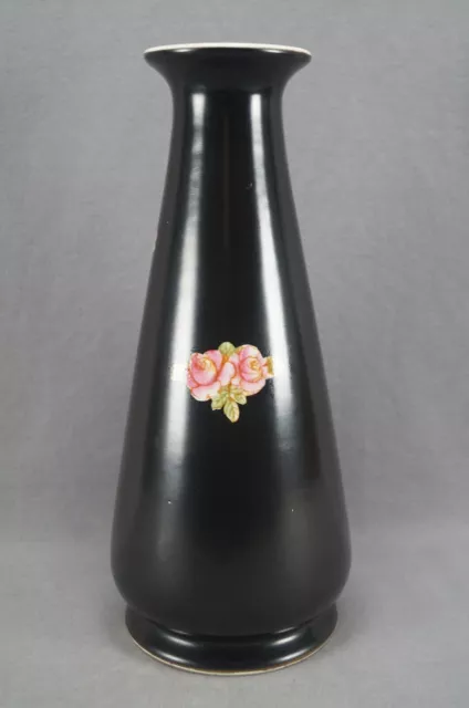 Crown Devon Hand Colored Pink Rose & Ribbon Black Faience 12" Vase C. 1913-1930 3