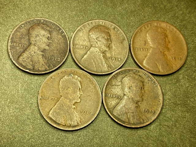1913 1914 1915 1916 1917 Lincoln Wheat Cent Penny Circulated