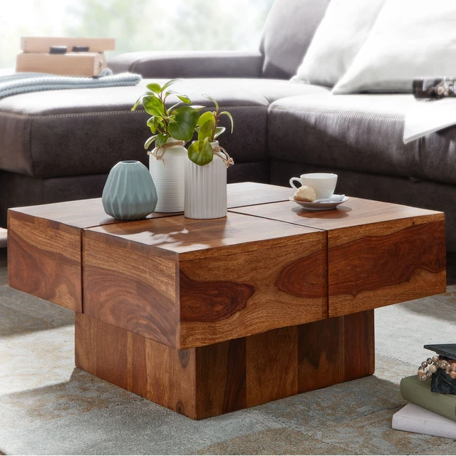 Table Basse Carrée Terra Nova Slavia - Orme Massif, Java Old Grey, 100x100x40cm, 2 Tiroirs