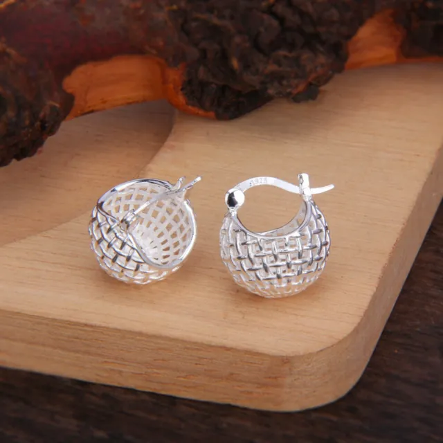 Real S925 Sterling Silver Hoop Men Women Gift Hollow Braided Ball Earrings