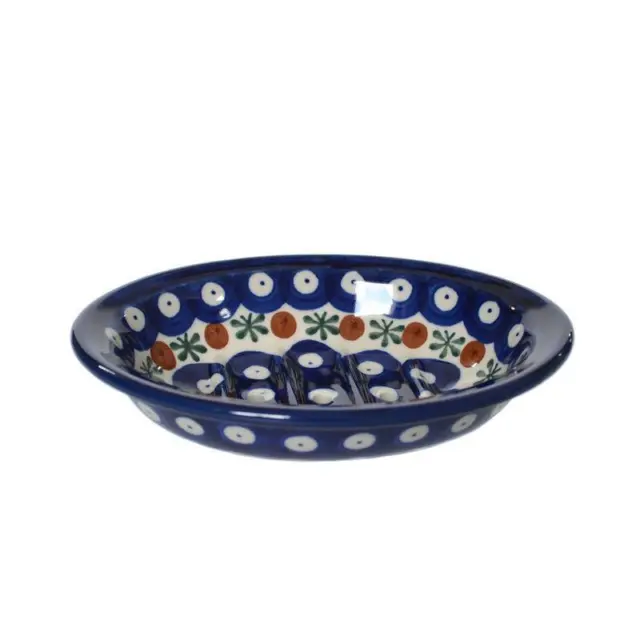 Soap Dish With Holes - Flower Tendril/Blue/Red/White Spots - Polish Pottery