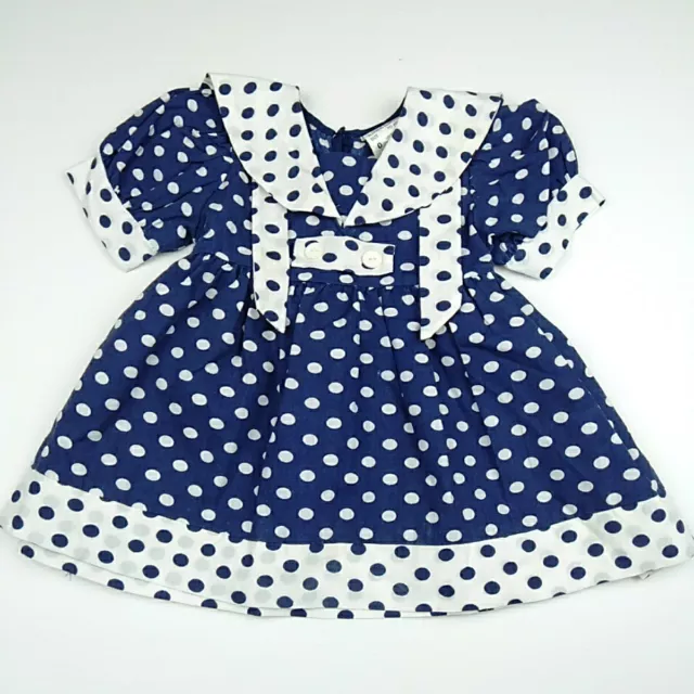 Vintage Baby Dress Blue Polka Dot Size 0 Navy White Spots Collar Sash 1980s