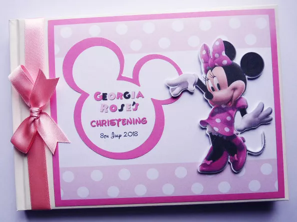 Personalised Minnie Mouse girls birthday guest book, pink Minnie birthday, gift