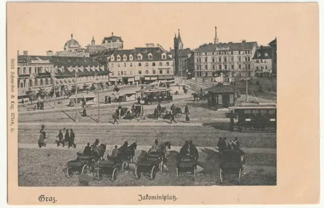 Graz, Jakominiplatz, Strassenbahn, Kutschen, alte AK ca. 1900 - 1910