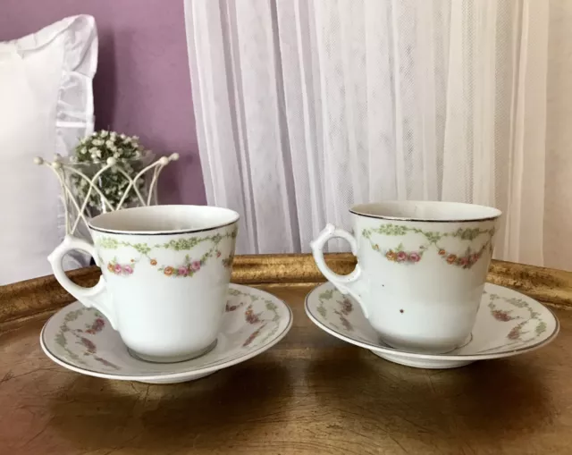 Jugendstil Porzellan 2x Kaffee-Gedeck Tassen rosa Blumengirlanden