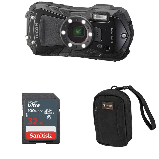 Ricoh WG-80 Waterproof Digital Camera, Black with 32GB SD Card, Case #03123 A