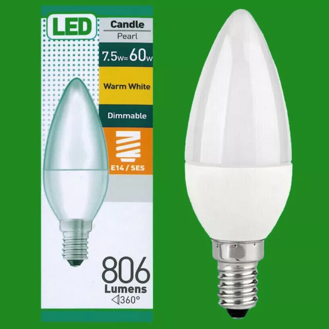 1x 7.5W (=60W) Dimmable Pearl LED Candle, SES E14, Warm White 2700K, Light Bulb