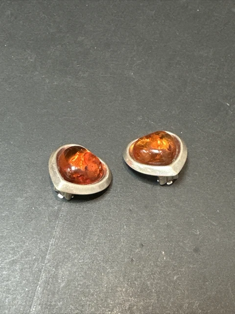 Ancienne Paire De Boucle D’oreille clips Argent Massif ambre coeur