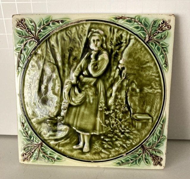 Set ( 2) Antique Majolica Tiles  - 1  Romantic Scene - 1 Girl Gathering  - Green 2