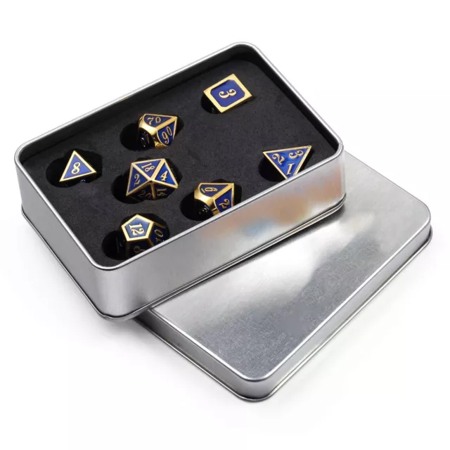 Set of 7 Metal Dice - Blue and Gold - Includes D4, D6, D8, D10, D12, D20 and D% 2