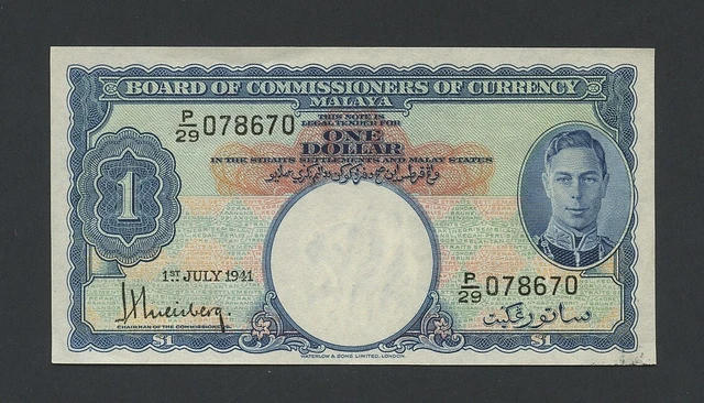 MALAYA  $1 note 1941  KGVI  WWII  Krause 11  Uncirculated less Banknotes