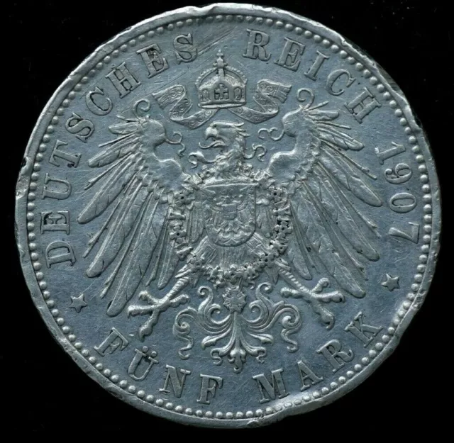 1907 Friedrich German 5 Mark Silver Large Coin 27.8 Grams 38Mm - Great Condition 2