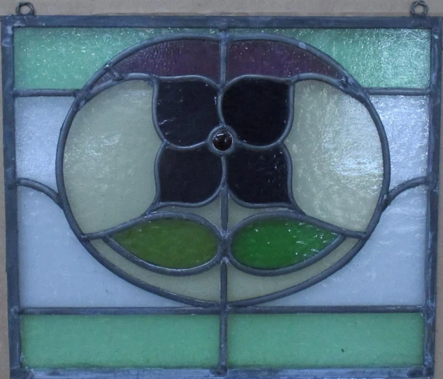 OLD ENGLISH STAINED GLASS WINDOW Unframed w Hooks Cute Floral 14" x 12.5"