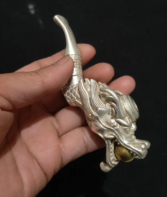Collectible Noble copper old tibet silver carved dragon head statue smoking pipe