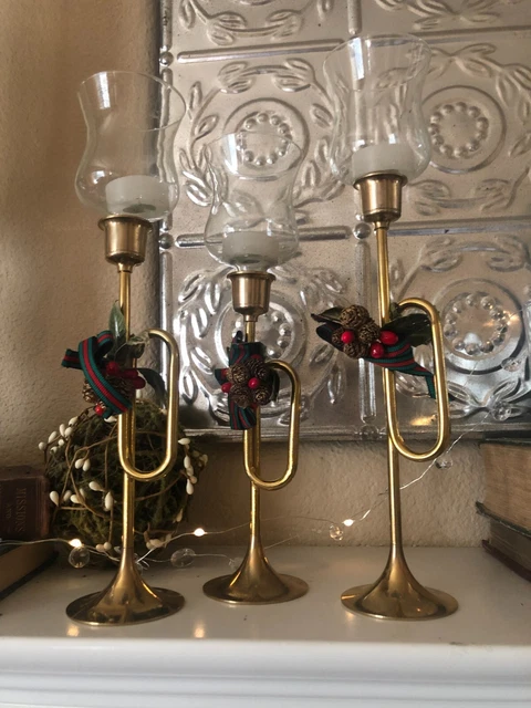 JUEGO DE 3 TROMPETA de Colección Latón Corneta CUERNO Navidad Portavelas Vidrio Copas Votivas ARCOS