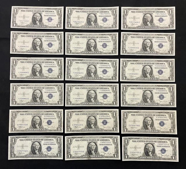 1935 C $1 One Dollar SILVER CERTIFICATE Blue Seal AU/UNC Lot Of 18 Bank Notes Se