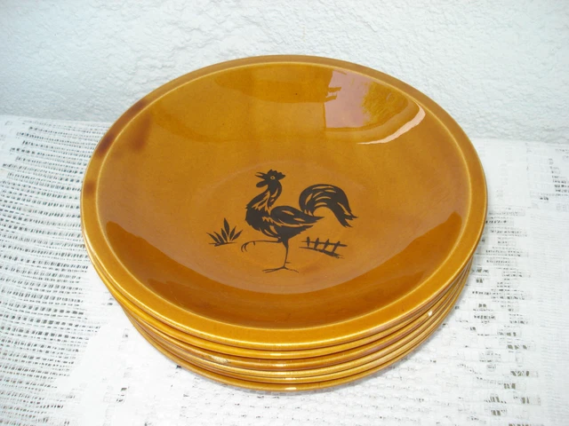 6 assiettes creuses Gien modèle Campagne décor coq noir sur fonf marron