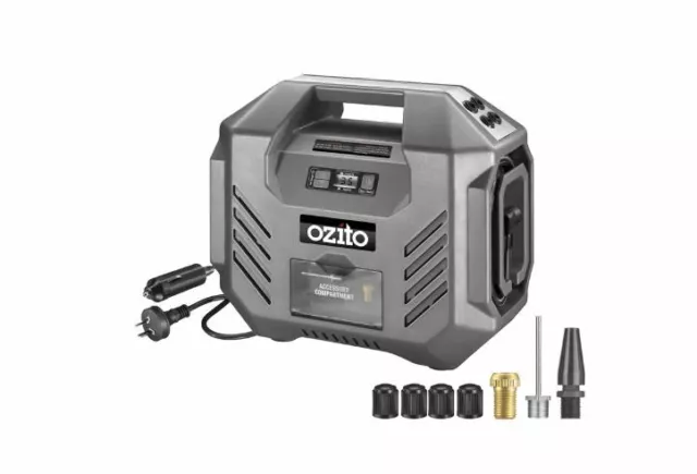 OZITO 12V DC/240V AC Dual Power Inflator Portable Air Compressor