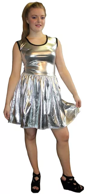 Metallic Shiny Pvc Silver Grease Wetlook Rockabilly Swing Sleeveless Dress Rave