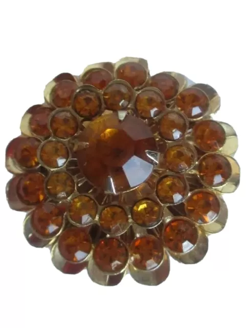 Flower Brooch Goldtone Amber Rhinestones MCM Autumn Spring Fall Floral Gift