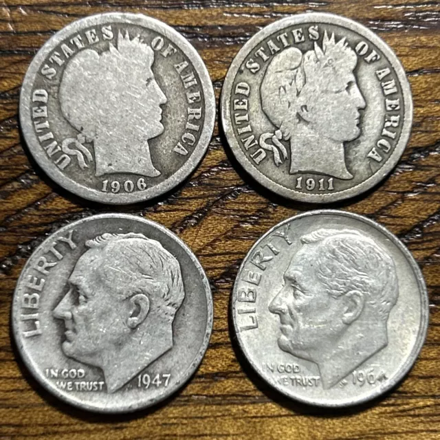 Silver 1906 O 1911 Barber Dimes 1947 1964 Silver Dime Lot 4 Toned Silver A2697