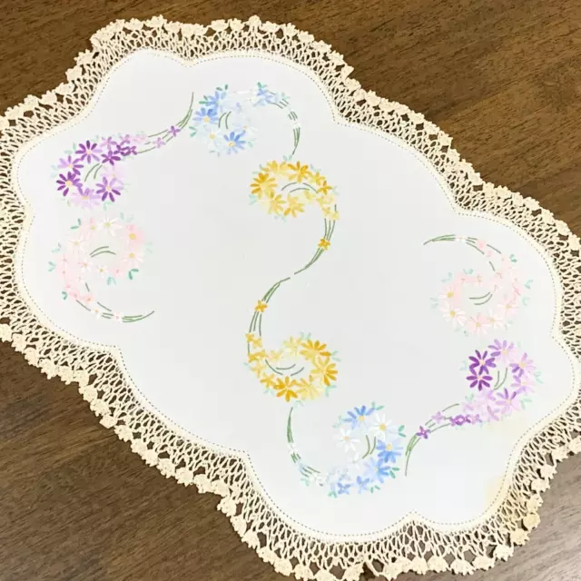 Pastel Floral Swirls -Large Embroidered Cream Linen Oval DOILY 50x36cm (Marked) 2